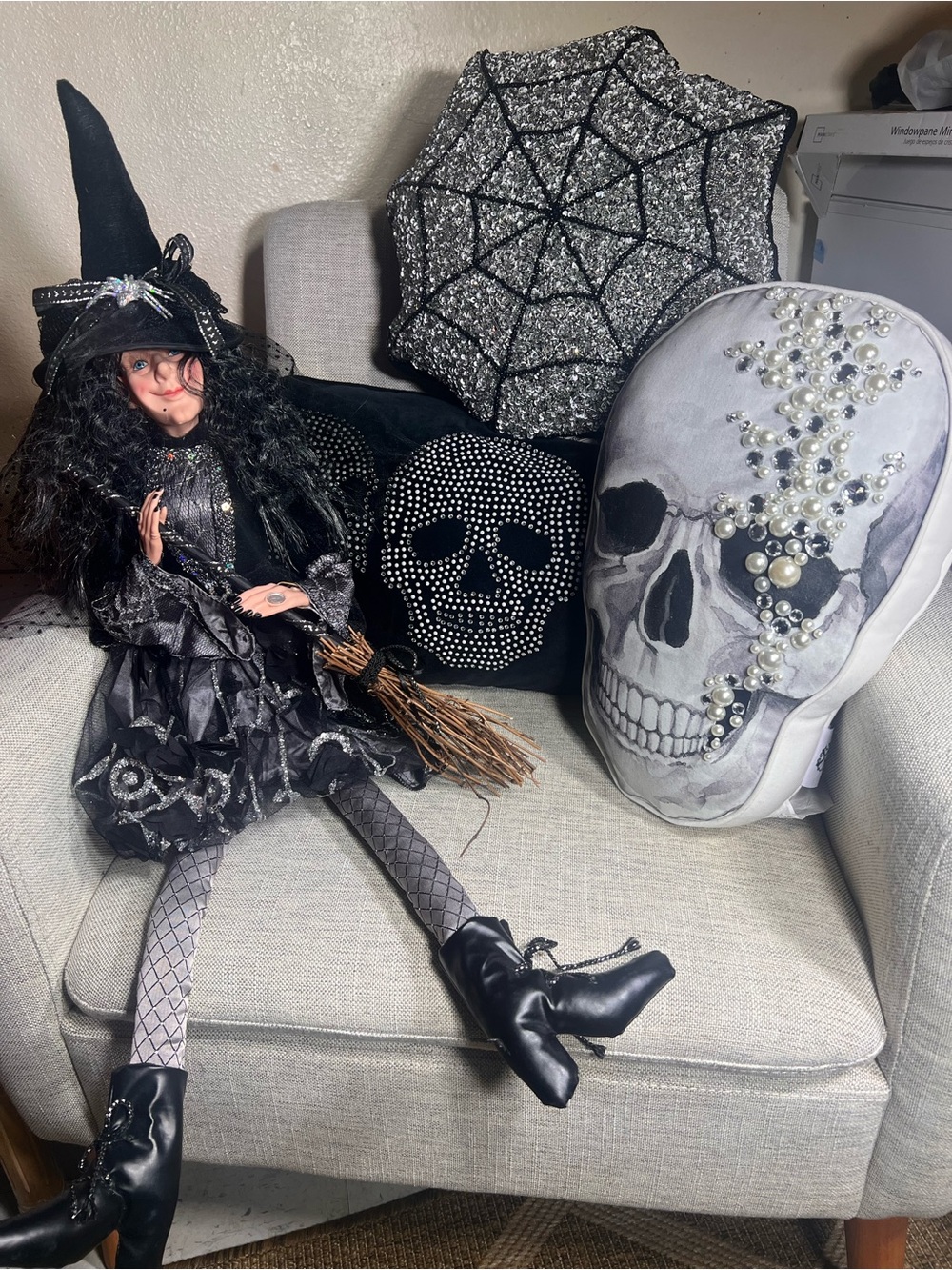 T.J.Maxx witch, Black, Gray, White Halloween Skull and Spiderweb Accent Pillows